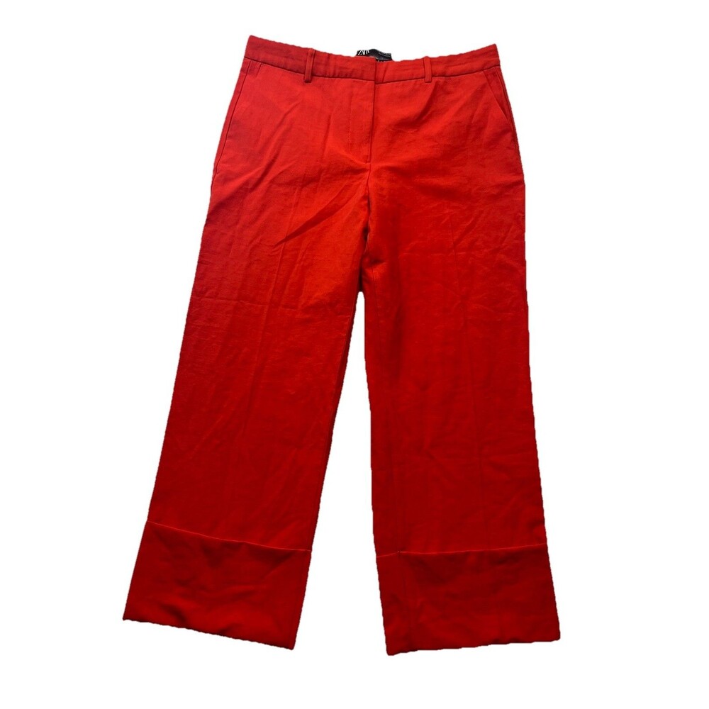 ZARA WOMAN Pants Womens M Red Cropped Turn Up Hem Trousers Minimalist Corporate